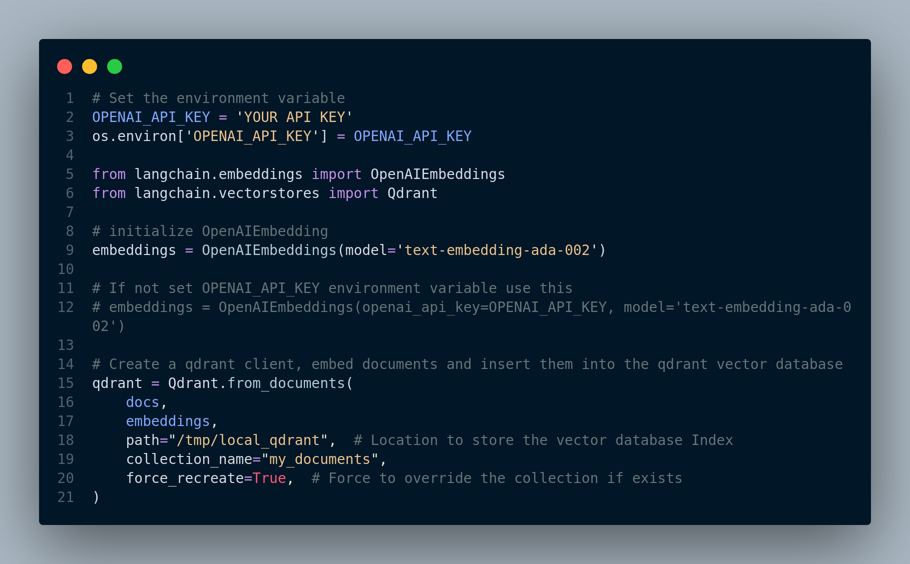 Qdrant vector database setup via Langchain