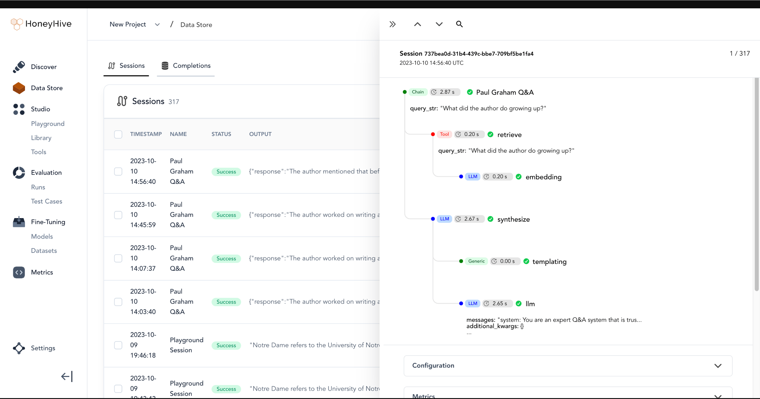 HoneyHive dashboard