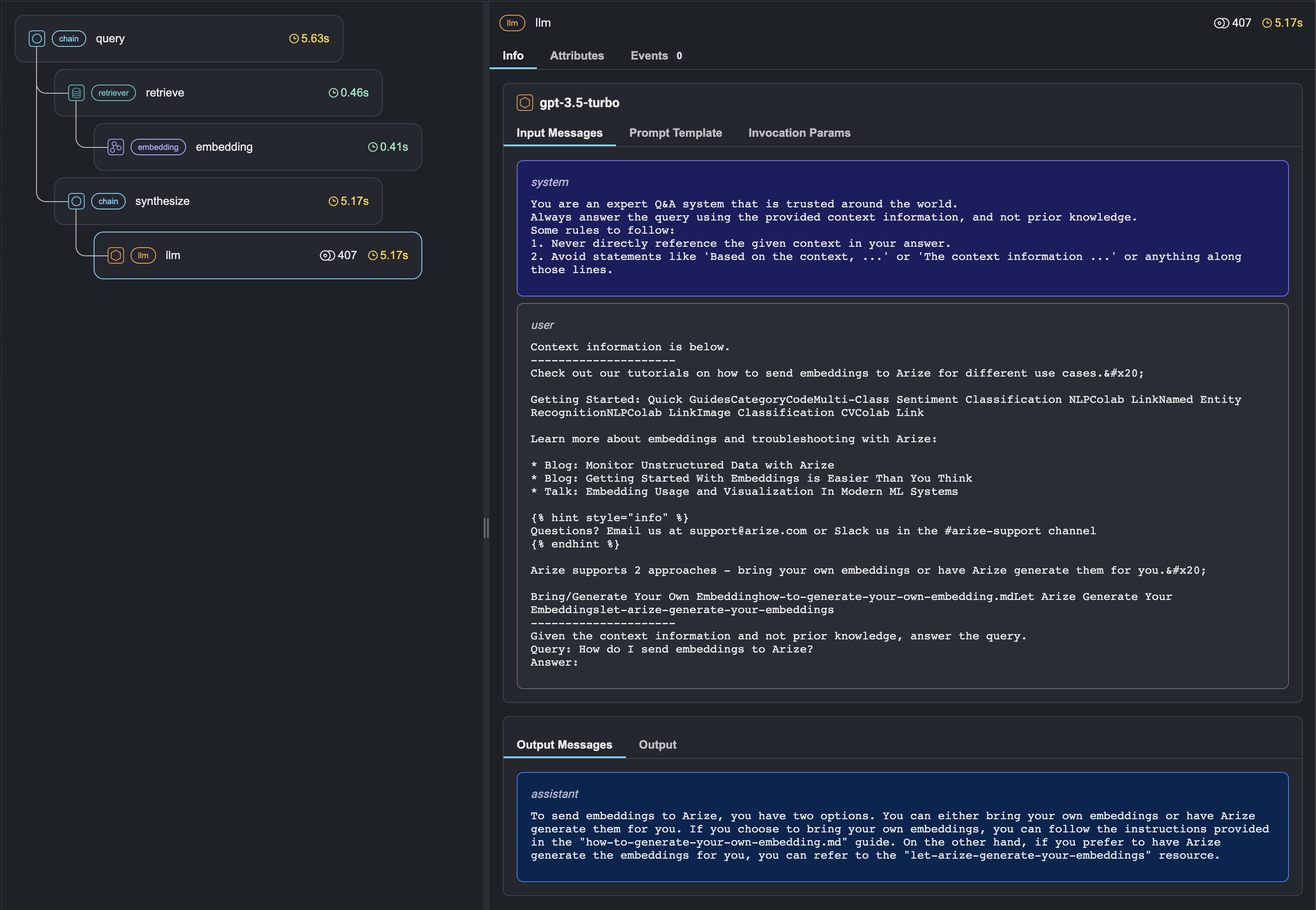 Phoenix UI that shows traces of queries in real time.