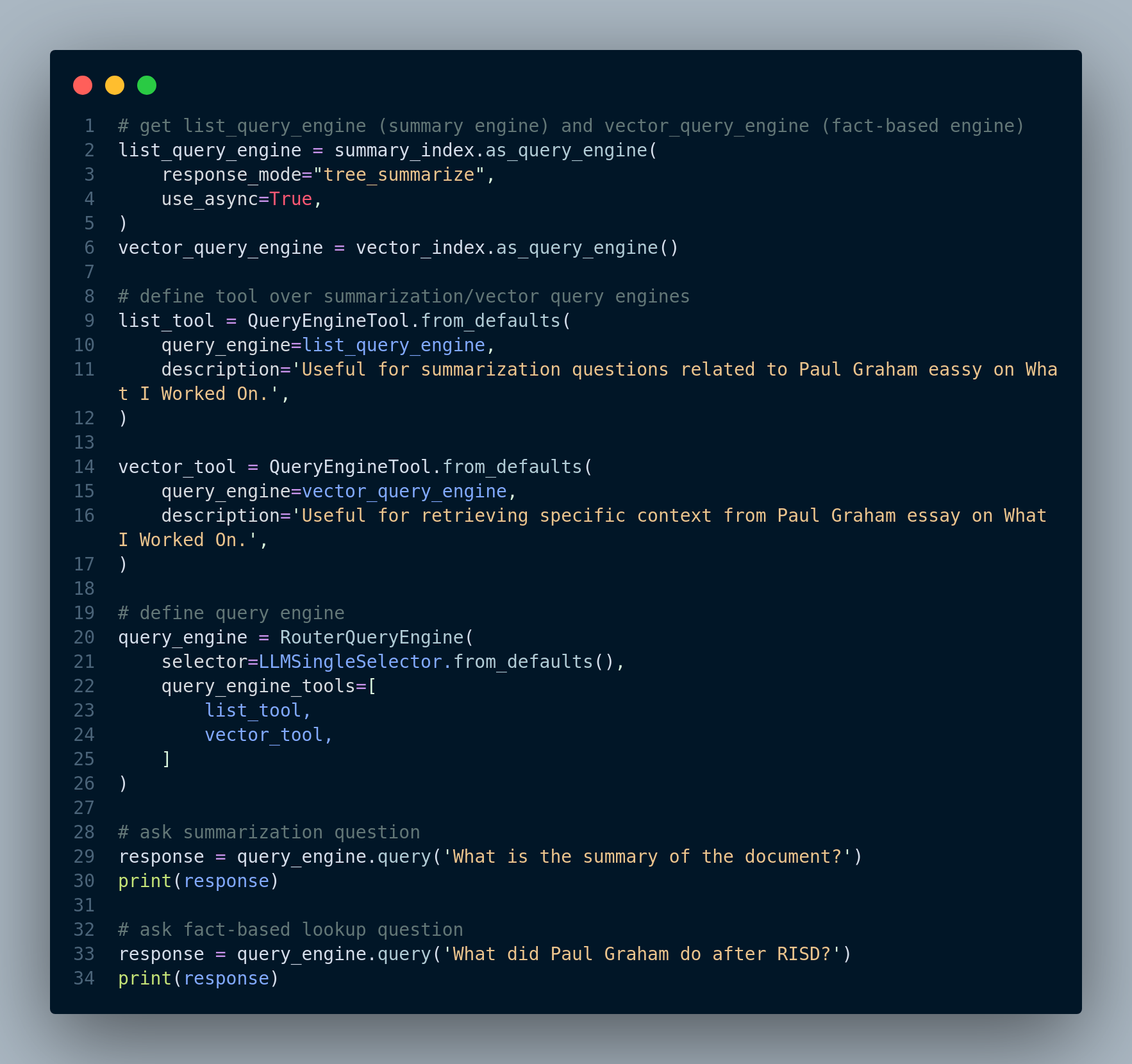 Define `QueryEngine` and `RouterQueryEngine` objects, and run the engine for user queries.