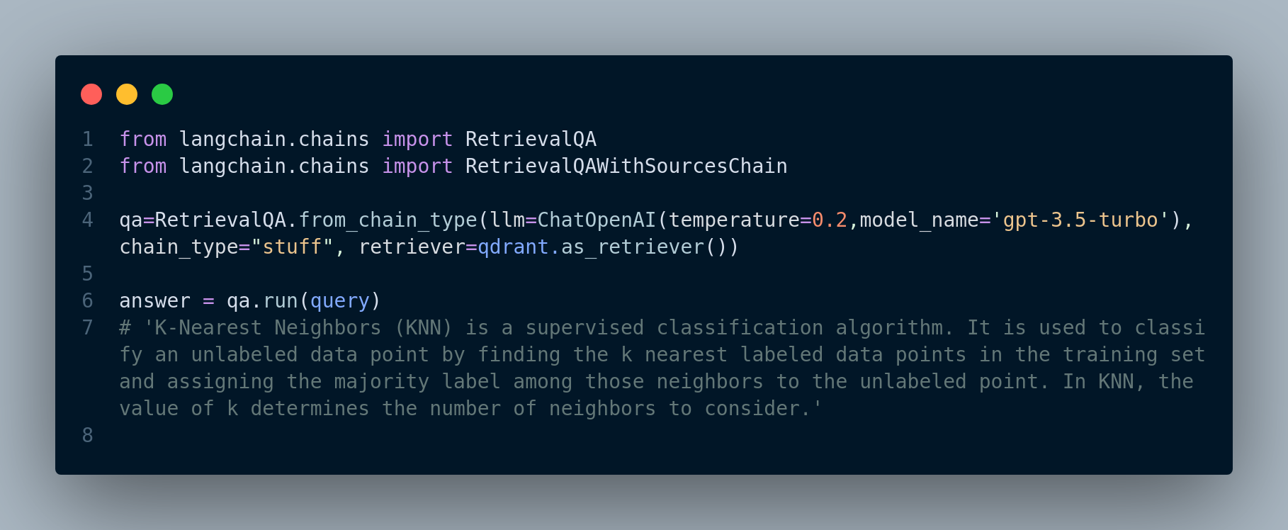 The usage of `RetrievalQA` chain` chain for response generation